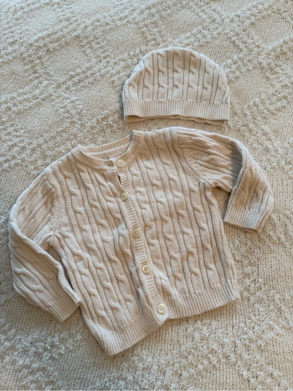 Baby Cable Knit Cardigan and Beanie Set - Cream